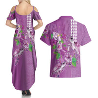 Hawaii Aloha Turtle Hibiscus and Leaves Couples Matching Summer Maxi Dress and Hawaiian Shirt with Polynesian and Kakau Tattoos Lilac Color - Polynesian Pride