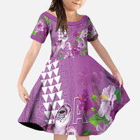 Hawaii Aloha Turtle Hibiscus and Leaves Family Matching Off Shoulder Maxi Dress and Hawaiian Shirt with Polynesian and Kakau Tattoos Lilac Color - Polynesian Pride