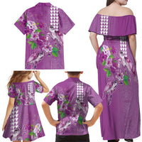 Hawaii Aloha Turtle Hibiscus and Leaves Family Matching Off Shoulder Maxi Dress and Hawaiian Shirt with Polynesian and Kakau Tattoos Lilac Color - Polynesian Pride