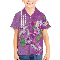 Hawaii Aloha Turtle Hibiscus and Leaves Family Matching Off Shoulder Short Dress and Hawaiian Shirt with Polynesian and Kakau Tattoos Lilac Color - Polynesian Pride