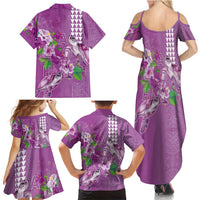 Hawaii Aloha Turtle Hibiscus and Leaves Family Matching Summer Maxi Dress and Hawaiian Shirt with Polynesian and Kakau Tattoos Lilac Color - Polynesian Pride
