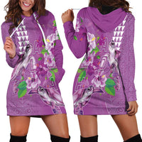 Hawaii Aloha Turtle Hibiscus and Leaves Hoodie Dress with Polynesian and Kakau Tattoos Lilac Color - Polynesian Pride