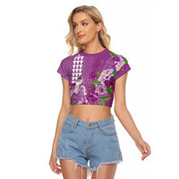 Hawaii Aloha Turtle Hibiscus and Leaves Raglan Cropped T Shirt with Polynesian and Kakau Tattoos Lilac Color - Polynesian Pride