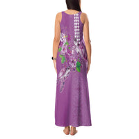 Hawaii Aloha Turtle Hibiscus and Leaves Tank Maxi Dress with Polynesian and Kakau Tattoos Lilac Color - Polynesian Pride