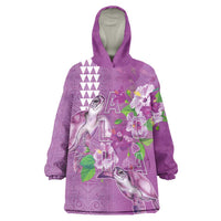 Hawaii Aloha Turtle Hibiscus and Leaves Wearable Blanket Hoodie with Polynesian and Kakau Tattoos Lilac Color - Polynesian Pride