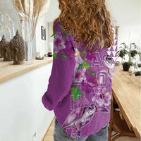 Hawaii Aloha Turtle Hibiscus and Leaves Women Casual Shirt with Polynesian and Kakau Tattoos Lilac Color - Polynesian Pride