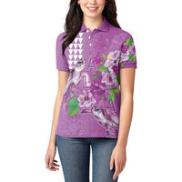 Hawaii Aloha Turtle Hibiscus and Leaves Women Polo Shirt with Polynesian and Kakau Tattoos Lilac Color - Polynesian Pride