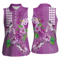Hawaii Aloha Turtle Hibiscus and Leaves Women Sleeveless Polo Shirt with Polynesian and Kakau Tattoos Lilac Color - Polynesian Pride