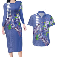Hawaii Aloha Turtle Hibiscus and Leaves Couples Matching Long Sleeve Bodycon Dress and Hawaiian Shirt with Polynesian and Kakau Tattoos Denim Color - Polynesian Pride