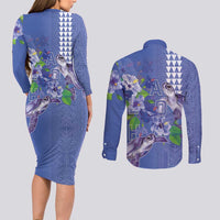 Hawaii Aloha Turtle Hibiscus and Leaves Couples Matching Long Sleeve Bodycon Dress and Long Sleeve Button Shirt with Polynesian and Kakau Tattoos Denim Color - Polynesian Pride