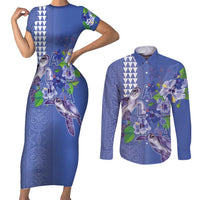 Hawaii Aloha Turtle Hibiscus and Leaves Couples Matching Short Sleeve Bodycon Dress and Long Sleeve Button Shirt with Polynesian and Kakau Tattoos Denim Color - Polynesian Pride