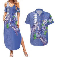 Hawaii Aloha Turtle Hibiscus and Leaves Couples Matching Summer Maxi Dress and Hawaiian Shirt with Polynesian and Kakau Tattoos Denim Color - Polynesian Pride