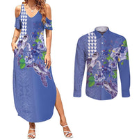 Hawaii Aloha Turtle Hibiscus and Leaves Couples Matching Summer Maxi Dress and Long Sleeve Button Shirt with Polynesian and Kakau Tattoos Denim Color - Polynesian Pride