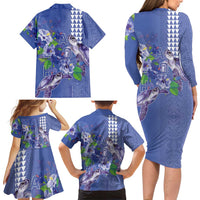 Hawaii Aloha Turtle Hibiscus and Leaves Family Matching Long Sleeve Bodycon Dress and Hawaiian Shirt with Polynesian and Kakau Tattoos Denim Color - Polynesian Pride