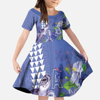 Hawaii Aloha Turtle Hibiscus and Leaves Family Matching Off The Shoulder Long Sleeve Dress and Hawaiian Shirt with Polynesian and Kakau Tattoos Denim Color - Polynesian Pride