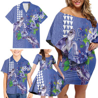 Hawaii Aloha Turtle Hibiscus and Leaves Family Matching Off Shoulder Short Dress and Hawaiian Shirt with Polynesian and Kakau Tattoos Denim Color - Polynesian Pride