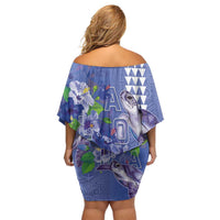 Hawaii Aloha Turtle Hibiscus and Leaves Family Matching Off Shoulder Short Dress and Hawaiian Shirt with Polynesian and Kakau Tattoos Denim Color - Polynesian Pride