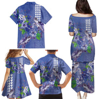 Hawaii Aloha Turtle Hibiscus and Leaves Family Matching Puletasi and Hawaiian Shirt with Polynesian and Kakau Tattoos Denim Color - Polynesian Pride