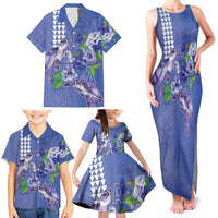 Hawaii Aloha Turtle Hibiscus and Leaves Family Matching Tank Maxi Dress and Hawaiian Shirt with Polynesian and Kakau Tattoos Denim Color - Polynesian Pride