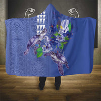 Hawaii Aloha Turtle Hibiscus and Leaves Hooded Blanket with Polynesian and Kakau Tattoos Denim Color - Polynesian Pride