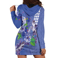 Hawaii Aloha Turtle Hibiscus and Leaves Hoodie Dress with Polynesian and Kakau Tattoos Denim Color - Polynesian Pride