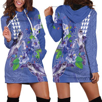 Hawaii Aloha Turtle Hibiscus and Leaves Hoodie Dress with Polynesian and Kakau Tattoos Denim Color - Polynesian Pride