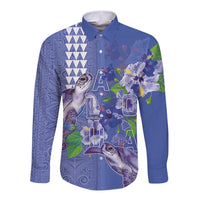 Hawaii Aloha Turtle Hibiscus and Leaves Long Sleeve Button Shirt with Polynesian and Kakau Tattoos Denim Color - Polynesian Pride