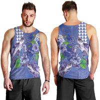 Hawaii Aloha Turtle Hibiscus and Leaves Men Tank Top with Polynesian and Kakau Tattoos Denim Color - Polynesian Pride