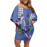 Hawaii Aloha Turtle Hibiscus and Leaves Off Shoulder Short Dress with Polynesian and Kakau Tattoos Denim Color - Polynesian Pride
