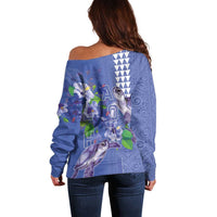 Hawaii Aloha Turtle Hibiscus and Leaves Off Shoulder Sweater with Polynesian and Kakau Tattoos Denim Color - Polynesian Pride