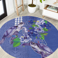 Hawaii Aloha Turtle Hibiscus and Leaves Round Carpet with Polynesian and Kakau Tattoos Denim Color - Polynesian Pride