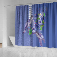 Hawaii Aloha Turtle Hibiscus and Leaves Shower Curtain with Polynesian and Kakau Tattoos Denim Color - Polynesian Pride