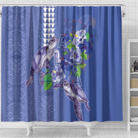 Hawaii Aloha Turtle Hibiscus and Leaves Shower Curtain with Polynesian and Kakau Tattoos Denim Color - Polynesian Pride