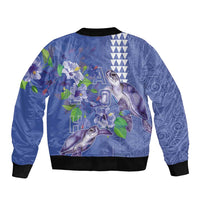 Hawaii Aloha Turtle Hibiscus and Leaves Sleeve Zip Bomber Jacket with Polynesian and Kakau Tattoos Denim Color - Polynesian Pride