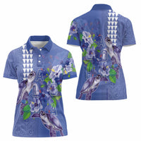Hawaii Aloha Turtle Hibiscus and Leaves Women Polo Shirt with Polynesian and Kakau Tattoos Denim Color - Polynesian Pride