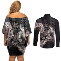 Hawaii Aloha Turtle Hibiscus and Leaves Couples Matching Off Shoulder Short Dress and Long Sleeve Button Shirt with Polynesian and Kakau Tattoos Black Color - Polynesian Pride