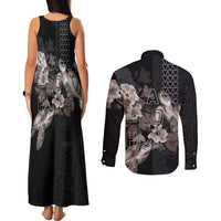 Hawaii Aloha Turtle Hibiscus and Leaves Couples Matching Tank Maxi Dress and Long Sleeve Button Shirt with Polynesian and Kakau Tattoos Black Color - Polynesian Pride