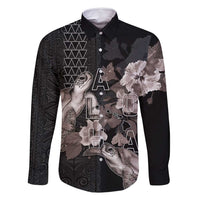 Hawaii Aloha Turtle Hibiscus and Leaves Family Matching Off Shoulder Maxi Dress and Hawaiian Shirt with Polynesian and Kakau Tattoos Black Color - Polynesian Pride