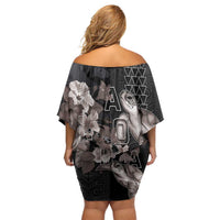 Hawaii Aloha Turtle Hibiscus and Leaves Family Matching Off Shoulder Short Dress and Hawaiian Shirt with Polynesian and Kakau Tattoos Black Color - Polynesian Pride