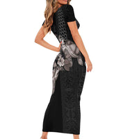 Hawaii Aloha Turtle Hibiscus and Leaves Family Matching Short Sleeve Bodycon Dress and Hawaiian Shirt with Polynesian and Kakau Tattoos Black Color - Polynesian Pride