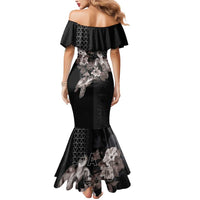Hawaii Aloha Turtle Hibiscus and Leaves Mermaid Dress with Polynesian and Kakau Tattoos Black Color - Polynesian Pride