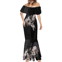 Hawaii Aloha Turtle Hibiscus and Leaves Mermaid Dress with Polynesian and Kakau Tattoos Black Color - Polynesian Pride