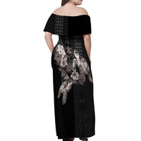 Hawaii Aloha Turtle Hibiscus and Leaves Off Shoulder Maxi Dress with Polynesian and Kakau Tattoos Black Color - Polynesian Pride