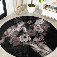 Hawaii Aloha Turtle Hibiscus and Leaves Round Carpet with Polynesian and Kakau Tattoos Black Color - Polynesian Pride