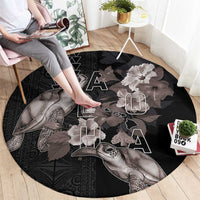 Hawaii Aloha Turtle Hibiscus and Leaves Round Carpet with Polynesian and Kakau Tattoos Black Color - Polynesian Pride