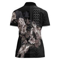 Hawaii Aloha Turtle Hibiscus and Leaves Women Polo Shirt with Polynesian and Kakau Tattoos Black Color - Polynesian Pride