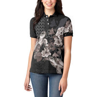 Hawaii Aloha Turtle Hibiscus and Leaves Women Polo Shirt with Polynesian and Kakau Tattoos Black Color - Polynesian Pride