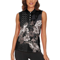 Hawaii Aloha Turtle Hibiscus and Leaves Women Sleeveless Polo Shirt with Polynesian and Kakau Tattoos Black Color - Polynesian Pride