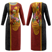 Papua New Guinea Independence Day Family Matching Long Sleeve Bodycon Dress and Hawaiian Shirt Birds-of-Paradise Melanesian Tattoos Tropical Plants LT03 Mom's Dress Multicolor - Polynesian Pride