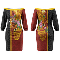 Papua New Guinea Independence Day Family Matching Off The Shoulder Long Sleeve Dress and Hawaiian Shirt Birds-of-Paradise Melanesian Tattoos Tropical Plants LT03 Mom's Dress Multicolor - Polynesian Pride